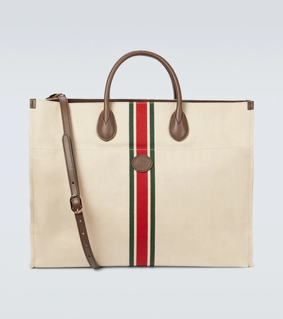 Shop Gucci Large Foldable Linen Tote Bag In Beige