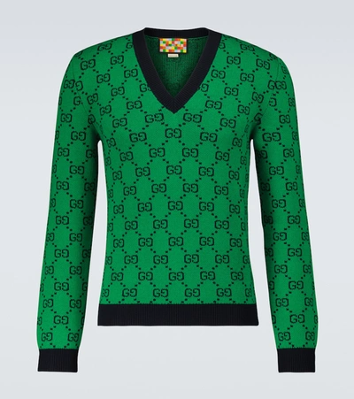 Shop Gucci Gg Multicolor V-neck Sweater In Green