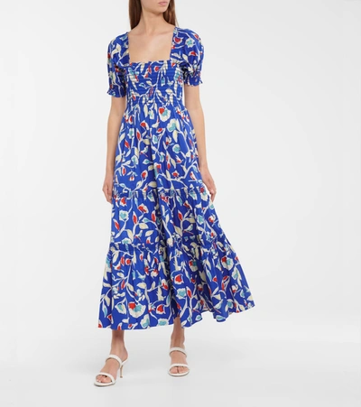 Shop Tory Burch Floral Stretch-poplin Midi Dress In Blue