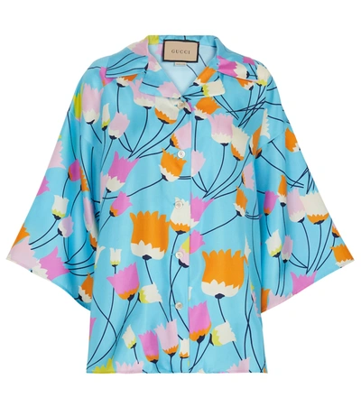 Shop Gucci Floral Silk Shirt In Blue