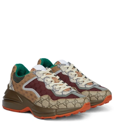 Gucci Gg Rhyton Leather-trimmed Sneakers In Brown