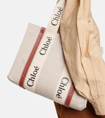 Chloé Structured Tote Bag With Leather And Linen Blend In White