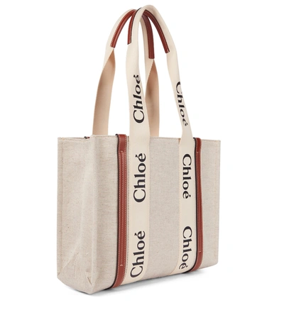 Chloé Structured Tote Bag With Leather And Linen Blend In White