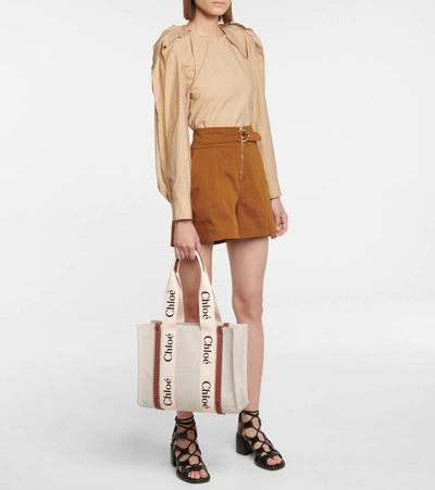 Chloé Structured Tote Bag With Leather And Linen Blend In White