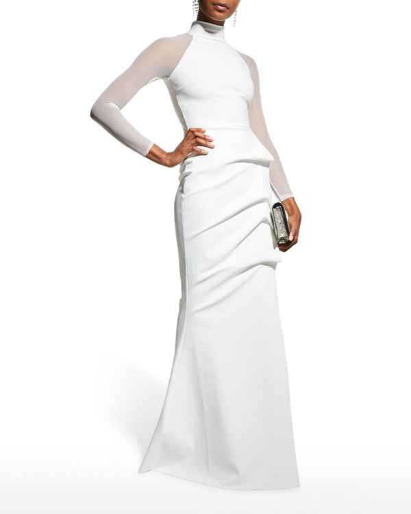 Chiara Boni La Petite Robe Maylys Mock-neck Long-sleeve Illusion Gown In 070 White | ModeSens
