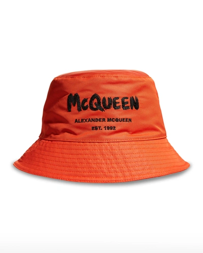 Shop Alexander Mcqueen Men's Graffiti Logo Nylon Bucket Hat In Orangecuoi