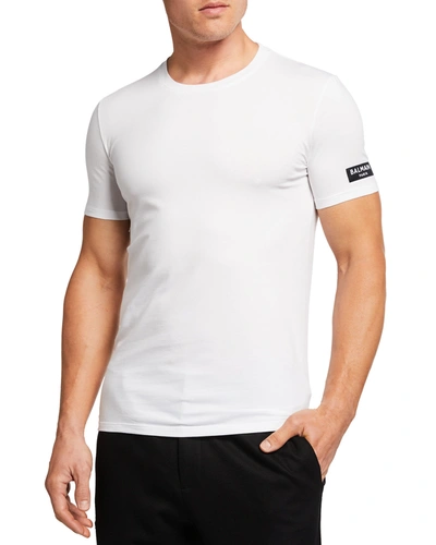 Shop Balmain Men's Solid Logo-sleeve Crew T-shirt In 100 White