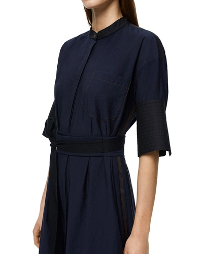 Shop Loewe Mixed-media Belted Midi Shirtdress In Black/navy