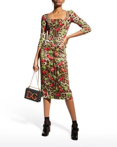 Dolce & Gabbana Tubino Leopard Cherry-print Midi Dress In Cherlbrprt |  ModeSens