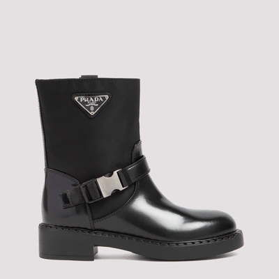 Shop Prada Logo Plaque Panelled Buckled Boots In Black