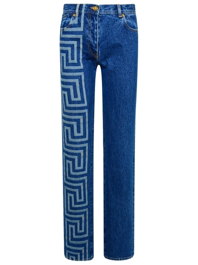 Shop Versace Greca Printed Straight Leg Jeans In Blue