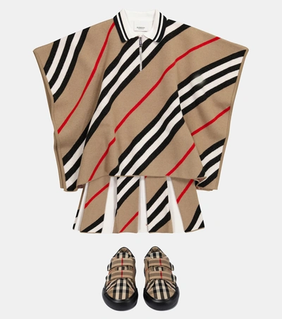 Shop Burberry Icon Stripe Pleated Wool-blend Skirt In Beige