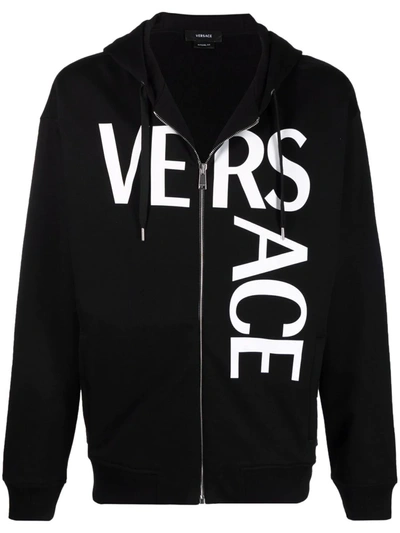 Shop Versace Logo-print Zip-up Hoodie In Schwarz