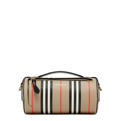 Shop Burberry The Icon Stripe Leather Barrel Bag In Brown