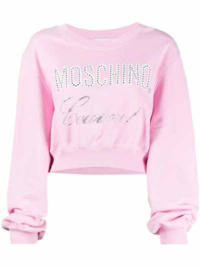 Shop Moschino Rhinestone-embellished Logo Sweatshirt In Pink