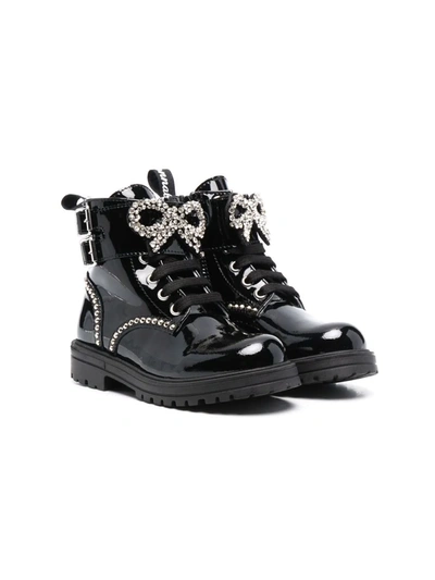 Shop Monnalisa Crystal-embellished Patent Leather Boots In Black