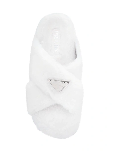 Shop Prada Criss-cross Ovis Aries Fur Slides In Bianco