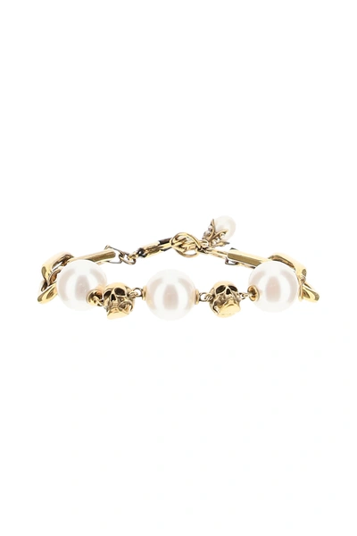 Shop Alexander Mcqueen Pearls And Skulls Bracelet In Gold