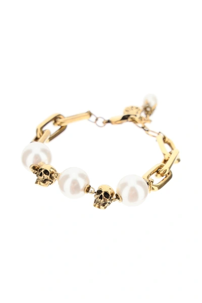 Shop Alexander Mcqueen Pearls And Skulls Bracelet In Gold