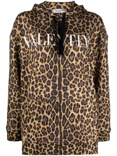 Shop Valentino Leopard-print Logo Hoodie In Brown