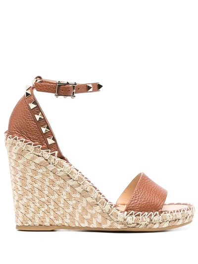 Shop Valentino Espadrille Rockstud Wedge Sandals In Brown
