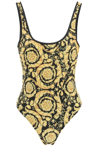 Shop Versace Barocco Print One Piece Swimsuit In Black,gold