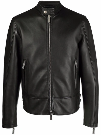 Dsquared2 Men Black Biker Jacket With Mandarin Collar And Waist Straps In Leather Man In Black