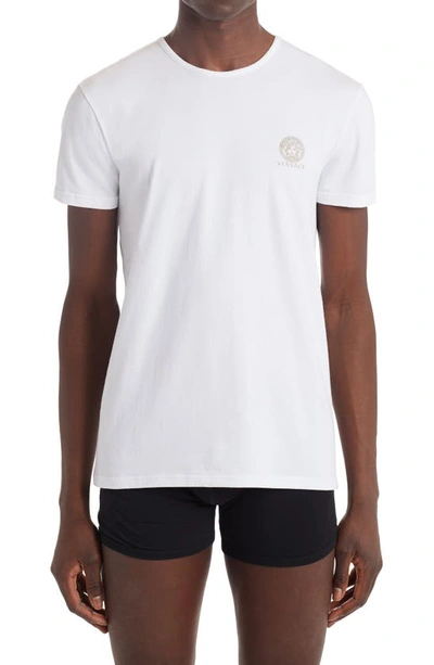 Versace White Crewneck T-shirt With Medusa Print On The Front In Cotton Stretch Man In White