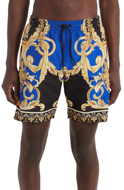 Shop Versace Barocco Swim Trunks In Blue/ Black/ Gold