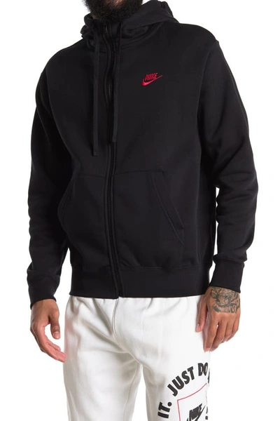 Shop Nike Club Zip-up Logo Hoodie In Black/unvred