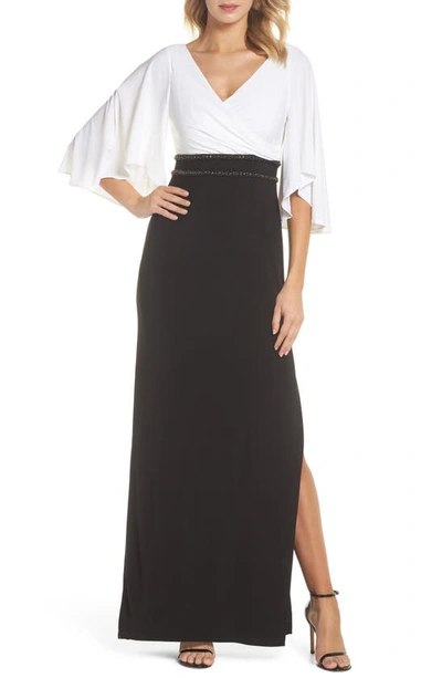 Shop Adrianna Papell Jersey Evening Gown In Ivory/ Black