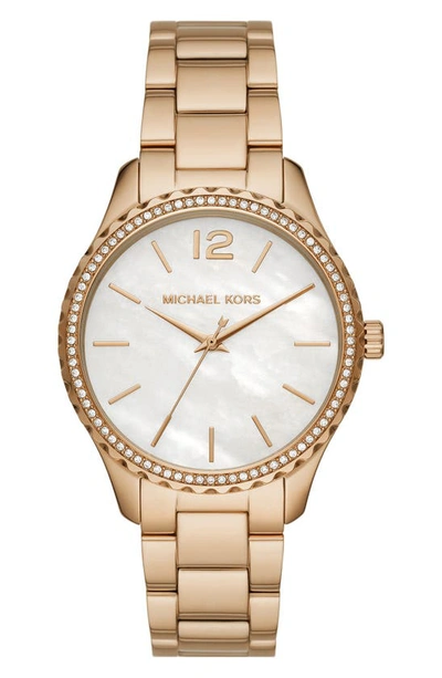 Shop Michael Kors Layton Bracelet Watch, 38mm In Gold/ White Mop/ Gold