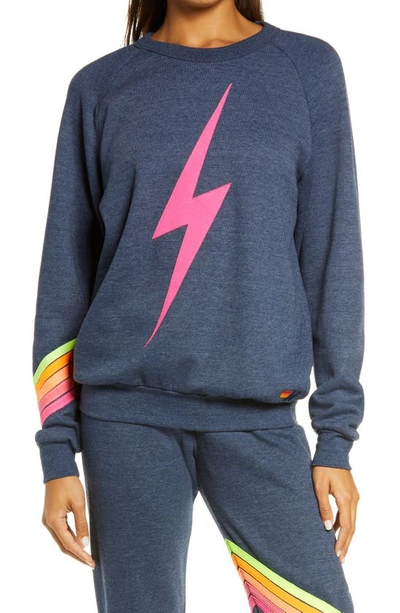 Shop Aviator Nation Bolt Chevron Stripe Sweatshirt In Heather Navy/ Neon