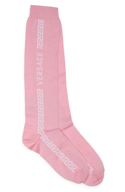 Shop Versace Greca Logo Socks In Pink+white