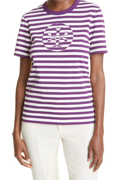 Shop Tory Burch Stripe Cotton Jersey Logo T-shirt In Dark Regal Plum / New Ivory