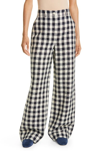 Shop Tory Burch Gingham Linen Pants In Tory Navy/ Natural Ivory