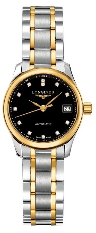 Shop Longines Elegant Automatic Diamond Black Dial Ladies Watch L2.128.5.57.7 In Black,gold Tone,silver Tone,yellow