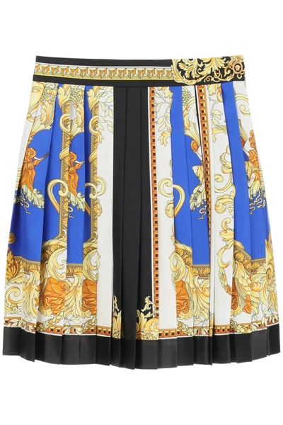 Shop Versace Barocco Mosaic Print Pleated Mini Skirt In Royal Blue Gold (black)