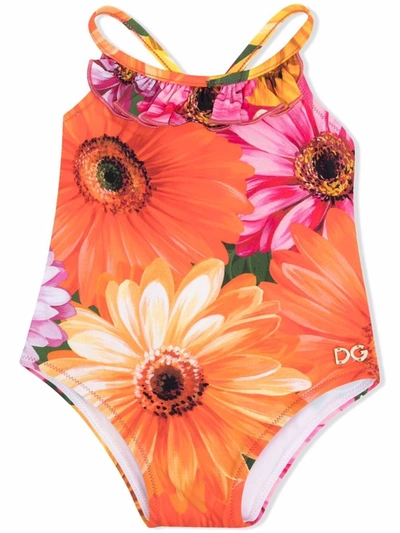 Shop Dolce & Gabbana Floral-print Swimsuit In Orange