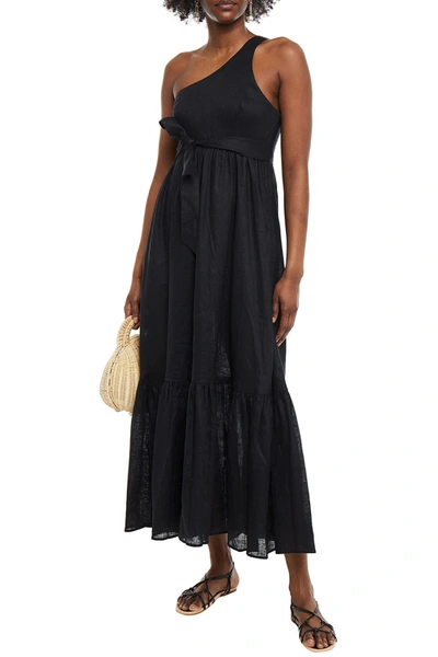 Shop Zimmermann One-shoulder Bow-detailed Linen Maxi Dress In Black