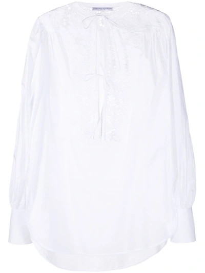 Shop Ermanno Scervino Bright White Lace-detail Tied-neck Blouse