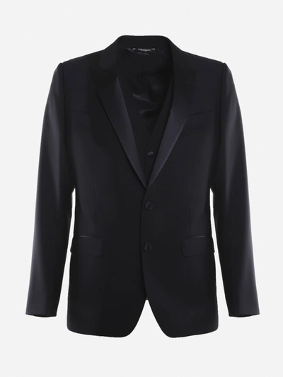 Shop Dolce & Gabbana Suit Made Of Virgin Wool With Silk Inserts In Blue
