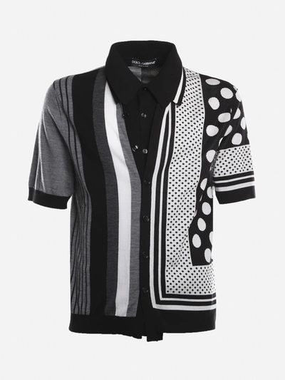 Shop Dolce & Gabbana Silk Blend Polo Shirt With Jacquard Prints In Black