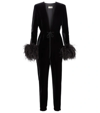 Shop Saint Laurent Feather-trimmed Velvet Jumpsuit In Black