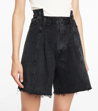 Shop Agolde Pieced Angled Denim Shorts In Blue