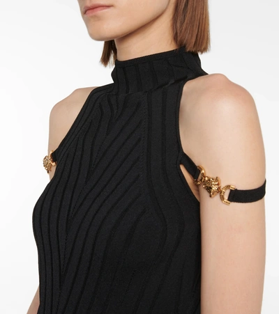 Shop Versace Medusa Ribbed-knit Minidress In Black