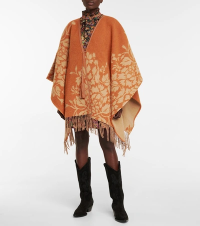 Shop Etro Floral Wool-blend Shawl In Orange