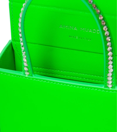 Shop Amina Muaddi Gilda Super Mini Embellished Leather Tote In Green
