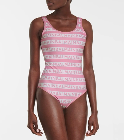 Shop Balmain Logo Swimsuit In Pink