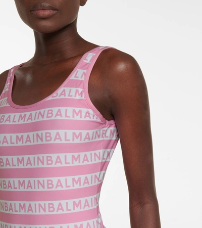 Shop Balmain Logo Swimsuit In Pink